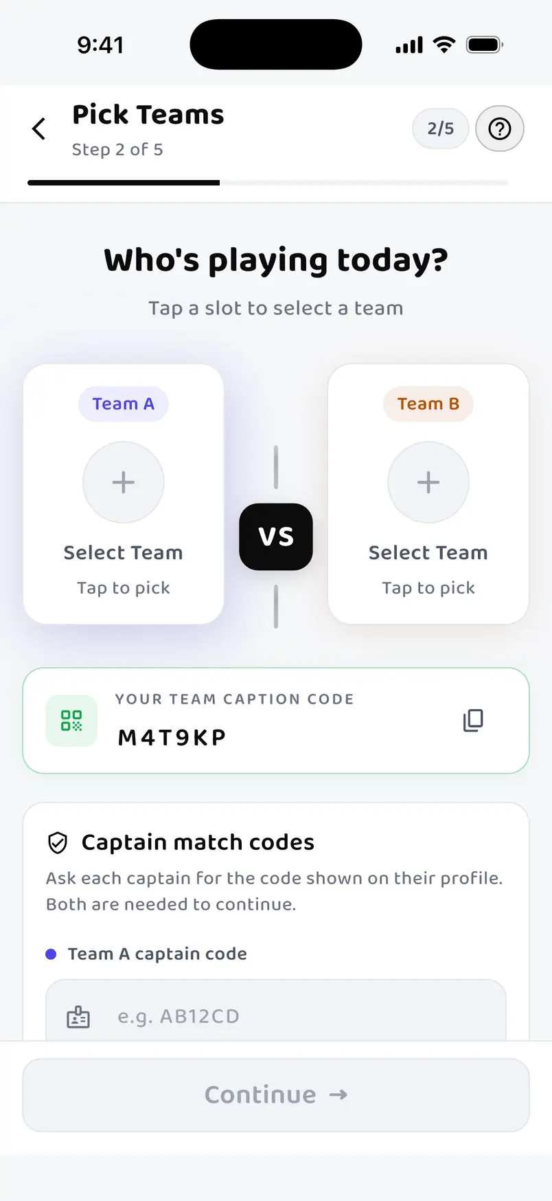 Step two of the create-match wizard: two team slots either side of a VS badge, your own captain code, and a Captain match codes panel reading “Ask each captain for the code shown on their profile. Both are needed to continue.”