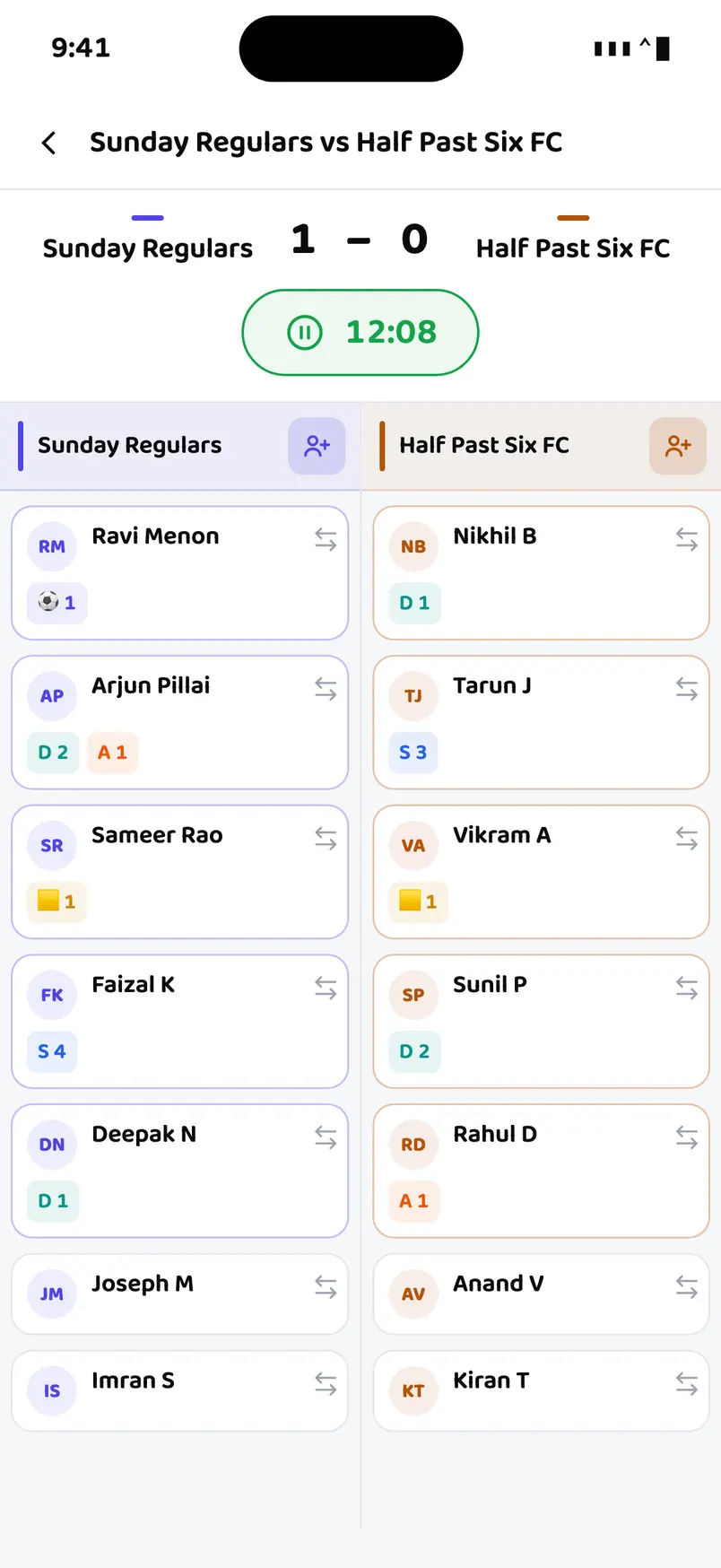 The scoring screen: Sunday Regulars 1, Half Past Six FC 0, a running clock at 12:08, and both team columns beneath with every player on a row and their recorded stats beside their name.