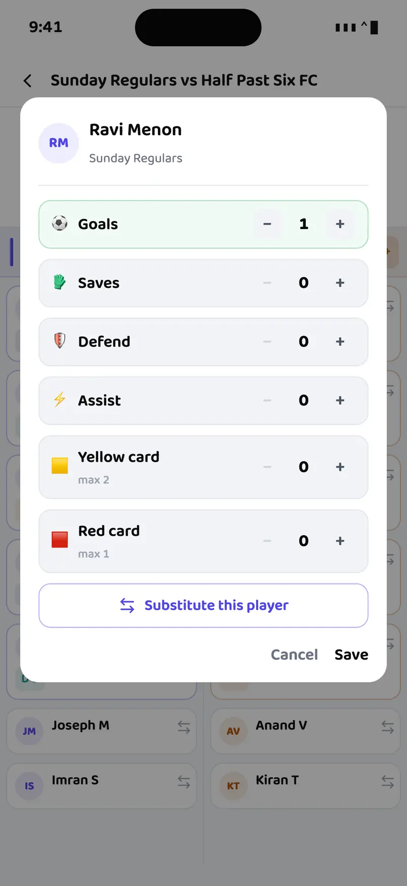 The stat sheet for one player, open over the scoring screen. Six rows with a minus and a plus each: Goals, Saves, Defend, Assist, Yellow card marked max 2, and Red card marked max 1. Goals reads 1.