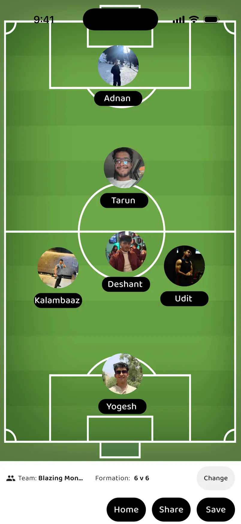 The tactics board in the app: a six-a-side lineup for Blazing Monks FC, each player on the pitch as a photo with their name beneath, and a bar along the bottom showing the team, the formation and buttons to share or save it.